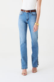 CALÇA SIMONE FEMININA STRAIGHT FENDA JEANS MÉDIO