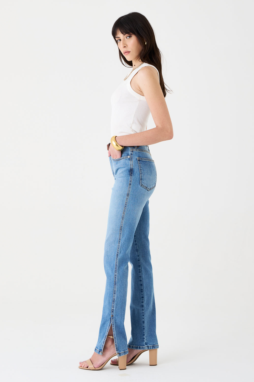 CALÇA SIMONE FEMININA LOW RISE FENDA JEANS MÉDIO