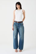 CALÇA EMILY FEMININA BARREL RECORTES E PENCE JEANS MÉDIO