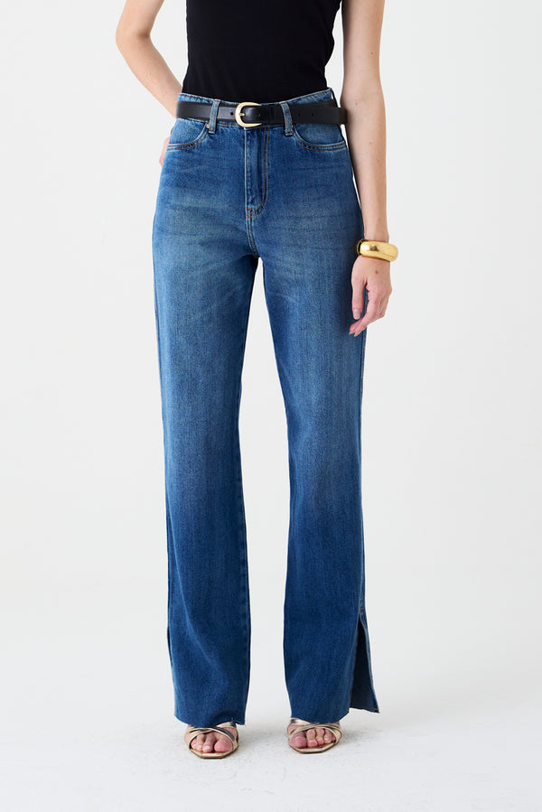 CALÇA JUDITH FEMININA WIDE LEG FENDA JEANS MÉDIO