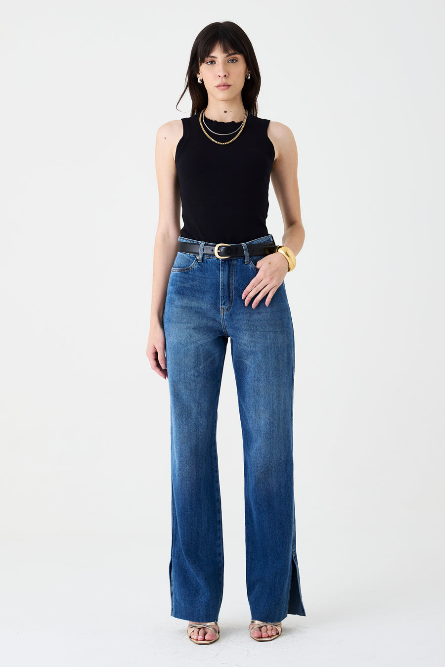 CALÇA JUDITH FEMININA WIDE LEG FENDA JEANS MÉDIO