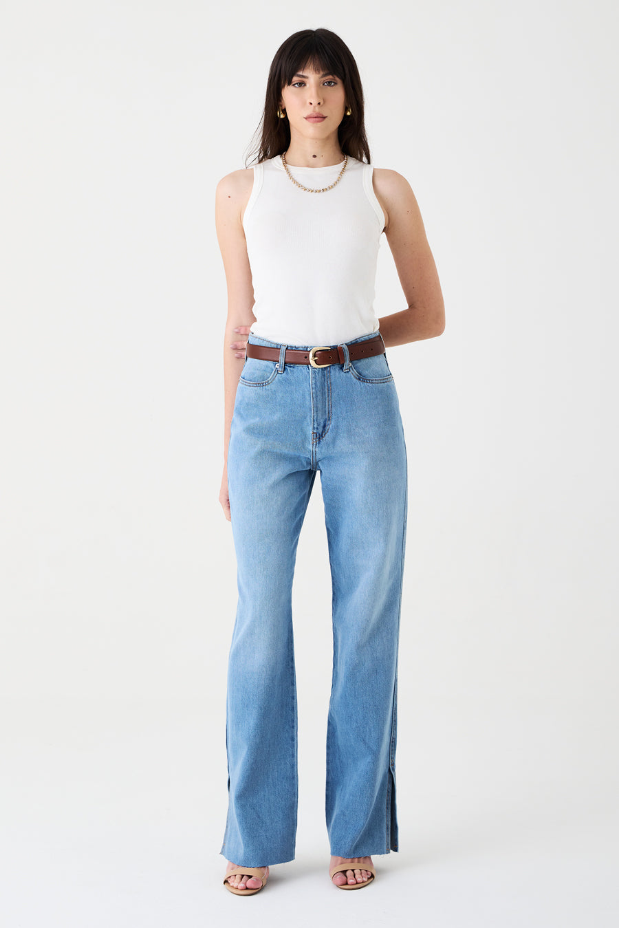 CALÇA JUDITH FEMININA WIDE LEG FENDA JEANS CLARO