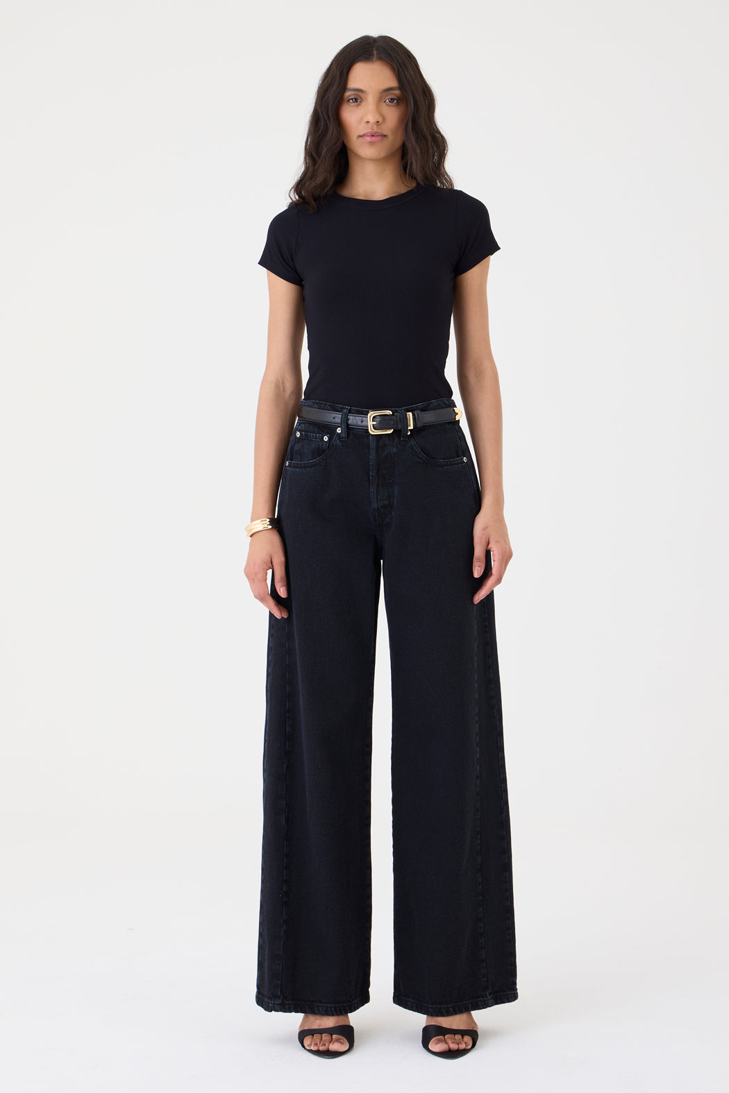 CALÇA YASMIN FEMININA WIDE LEG RECORTES JEANS BLACK