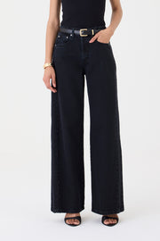 CALÇA YASMIN FEMININA WIDE LEG RECORTES JEANS BLACK