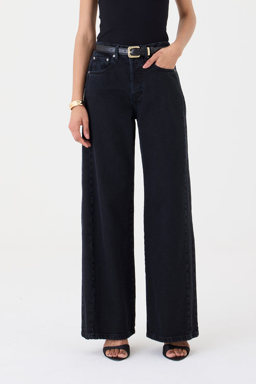 CALÇA YASMIN FEMININA WIDE LEG RECORTES JEANS BLACK