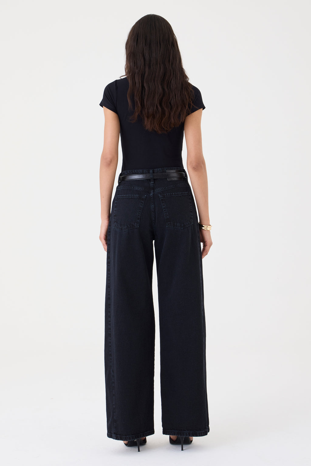 CALÇA YASMIN FEMININA WIDE LEG RECORTES JEANS BLACK