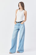 CALÇA YASMIN FEMININA WIDE LEG RECORTES JEANS MÉDIO