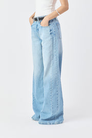 CALÇA YASMIN FEMININA WIDE LEG RECORTES JEANS MÉDIO