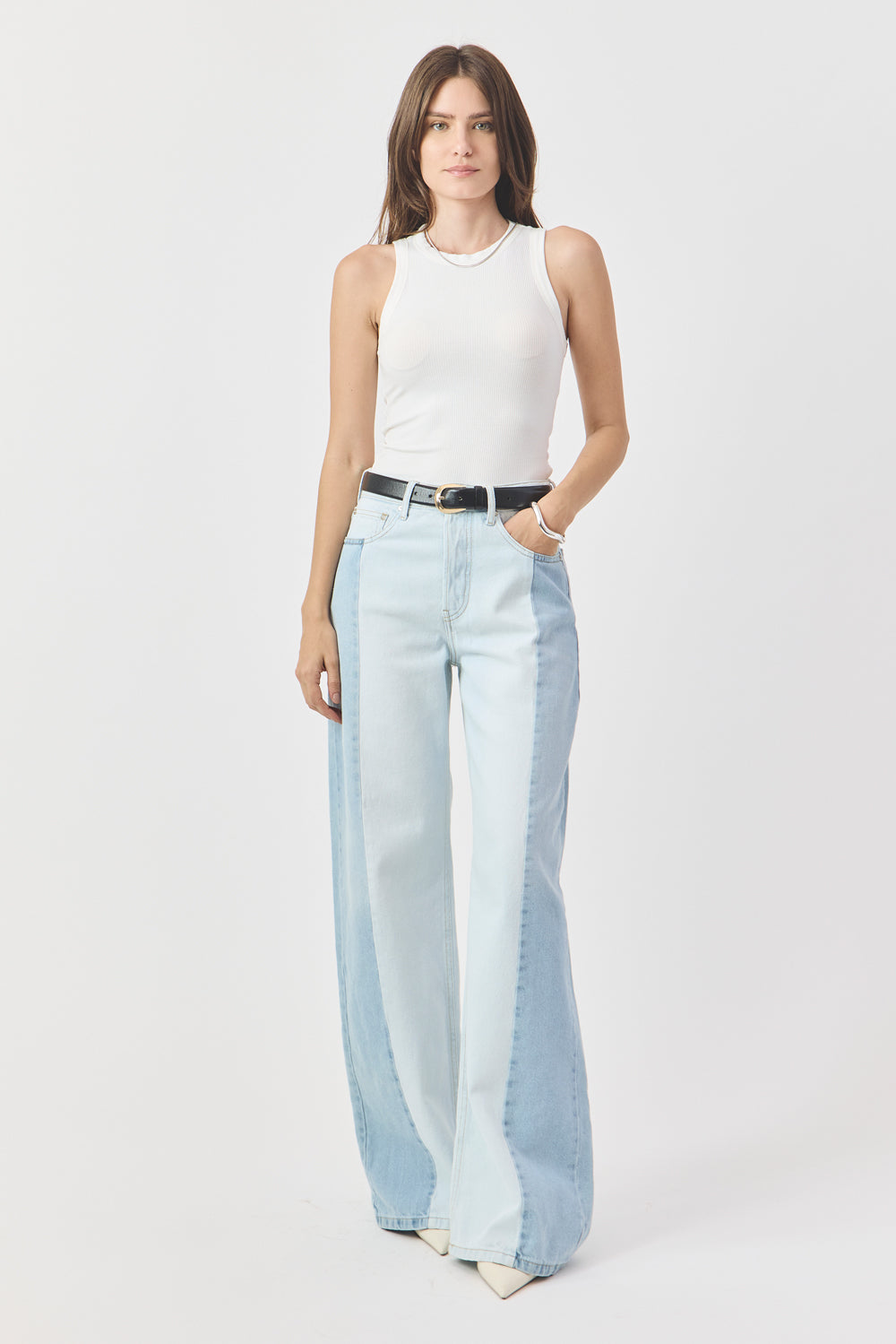 CALÇA PAMELA  FEMININA WIDE LEG PATCH JEANS CLARO