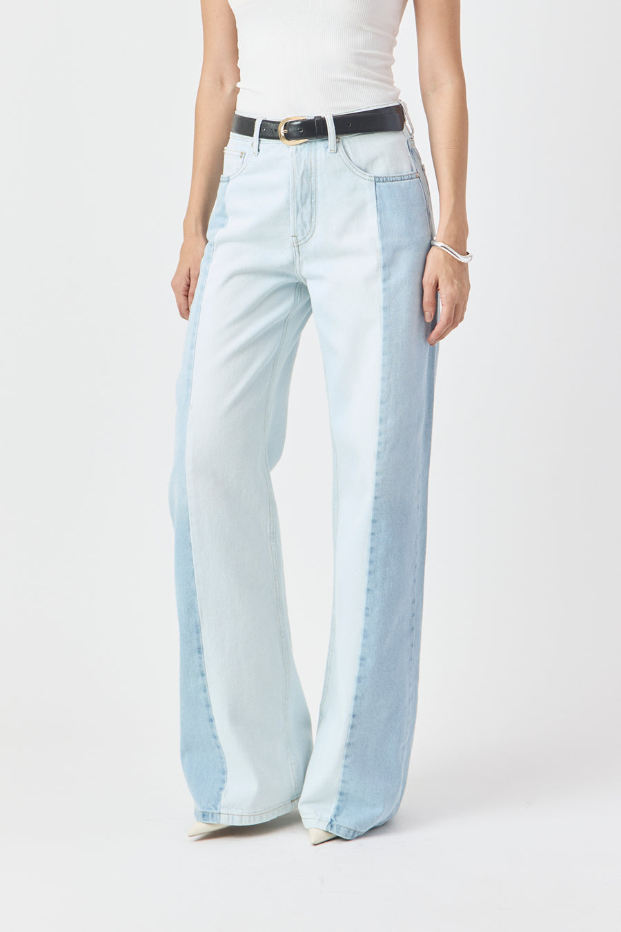 CALÇA PAMELA  FEMININA WIDE LEG PATCH JEANS CLARO