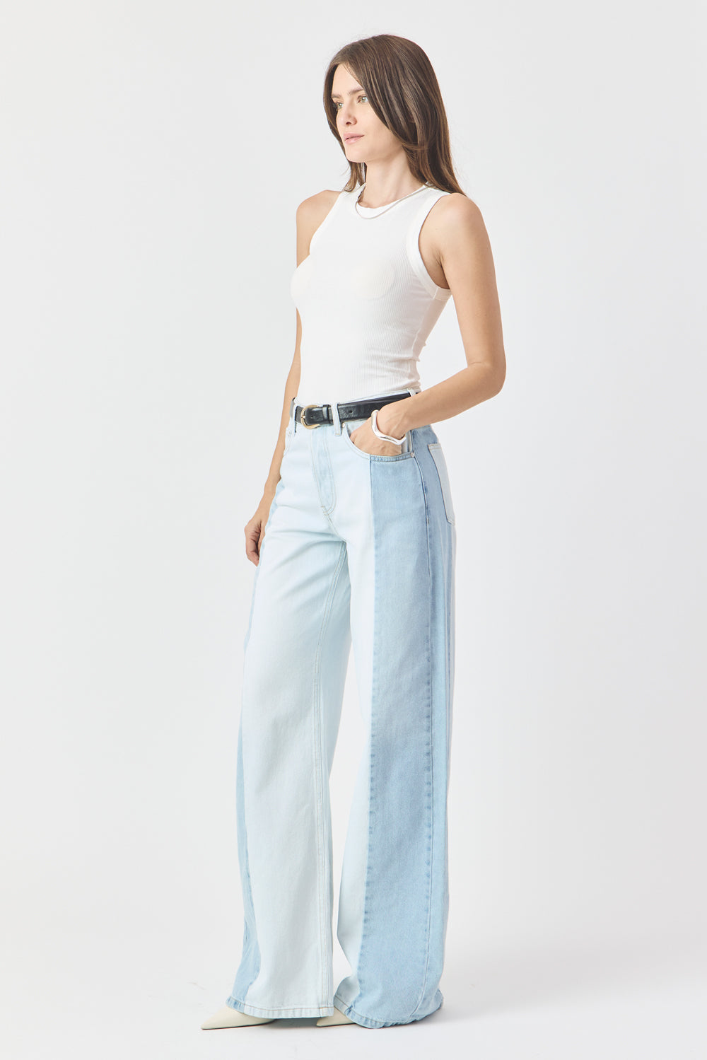 CALÇA PAMELA  FEMININA WIDE LEG PATCH JEANS CLARO