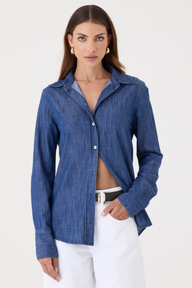 CAMISA FEMININA JEANS ESCURO SLIM