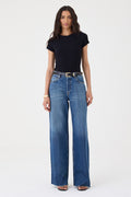 CALÇA MARESSA FEMININA WIDE LEG BARRA FIO JEANS ESCURO