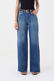 CALÇA MARESSA FEMININA WIDE LEG BARRA FIO JEANS ESCURO