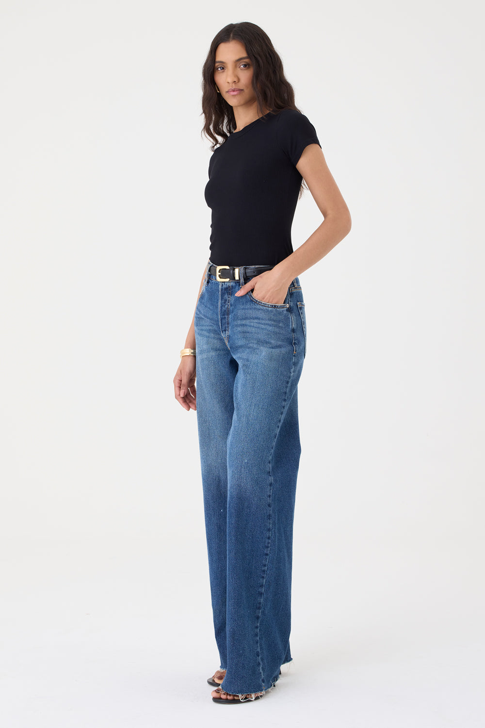 CALÇA MARESSA FEMININA WIDE LEG BARRA FIO JEANS ESCURO