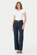 CALÇA DANI FEMININA STRAIGHT BARRA A FIO JEANS ESCURO ESTONADO