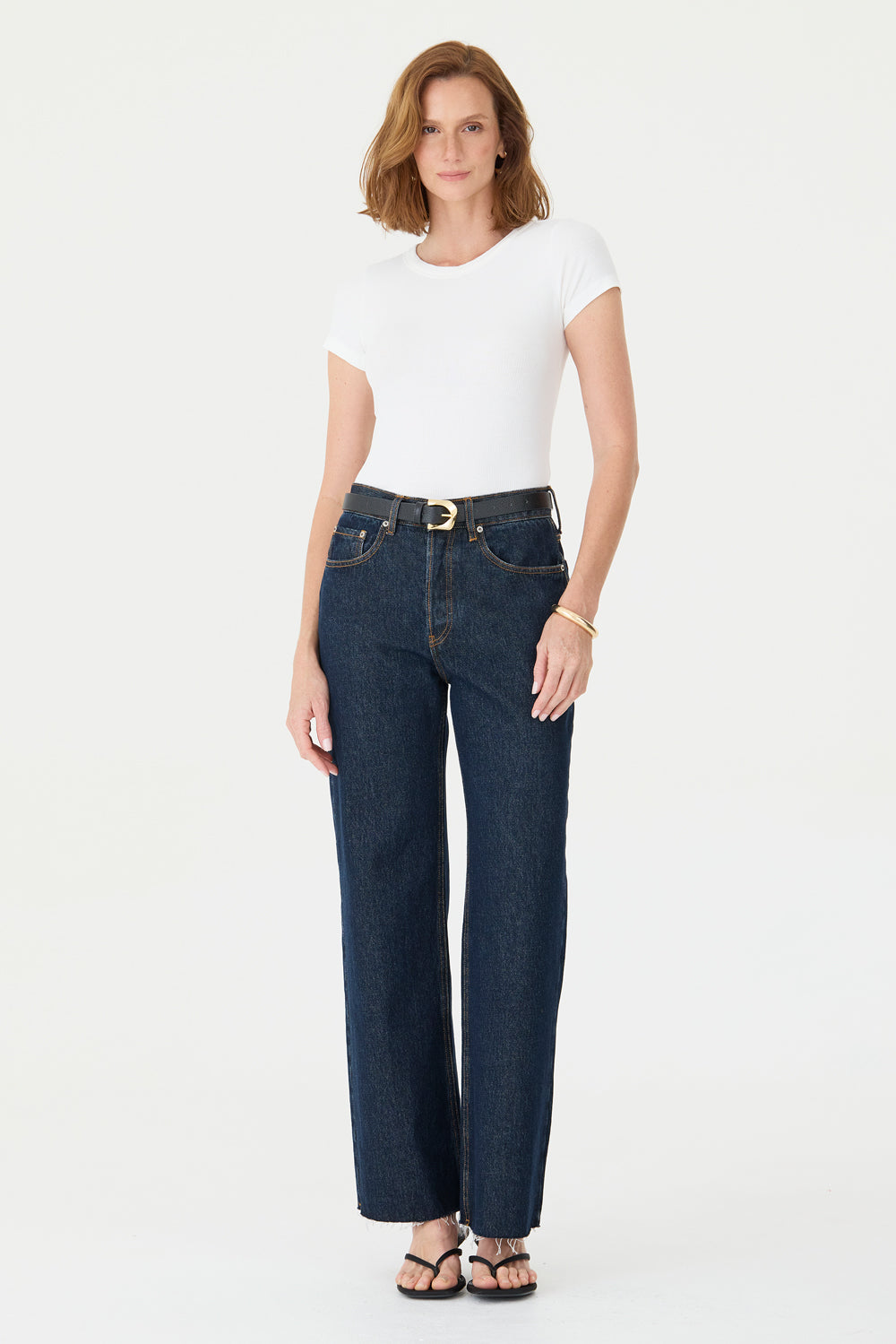CALÇA DANI FEMININA STRAIGHT BARRA A FIO JEANS ESCURO ESTONADO