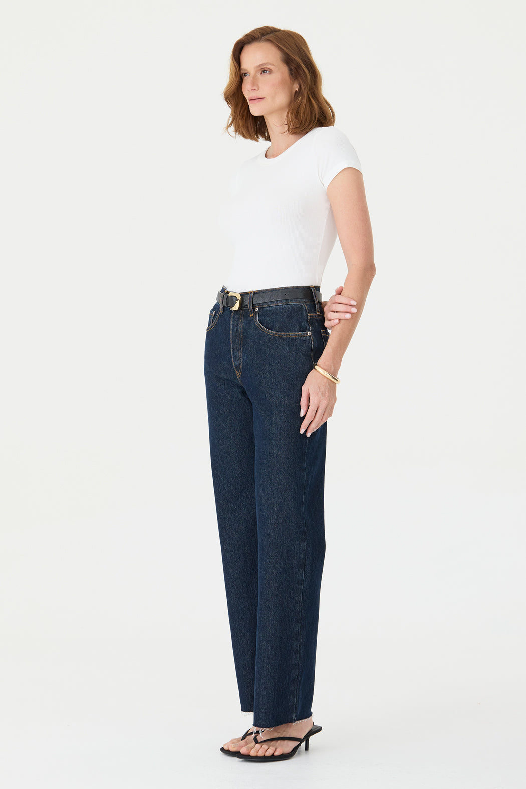CALÇA DANI FEMININA STRAIGHT BARRA A FIO JEANS ESCURO ESTONADO