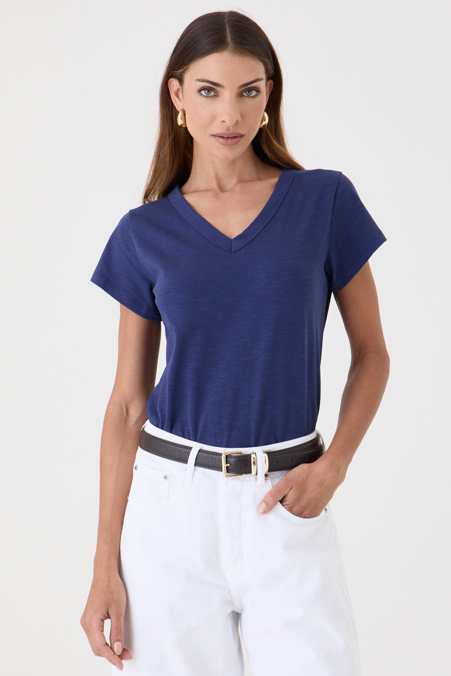 T-SHIRT FEMININA GOLA V - AZUL DARK