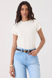 T-SHIRT FEMININA GOLA REDONDA MANGA BARRA DOBRADA - NATURAL