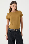 T-SHIRT FEMININA GOLA REDONDA MANGA BARRA DOBRADA - CARAMELO