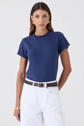 T-SHIRT FEMININA GOLA REDONDA MANGA BARRA DOBRADA - MARINHO