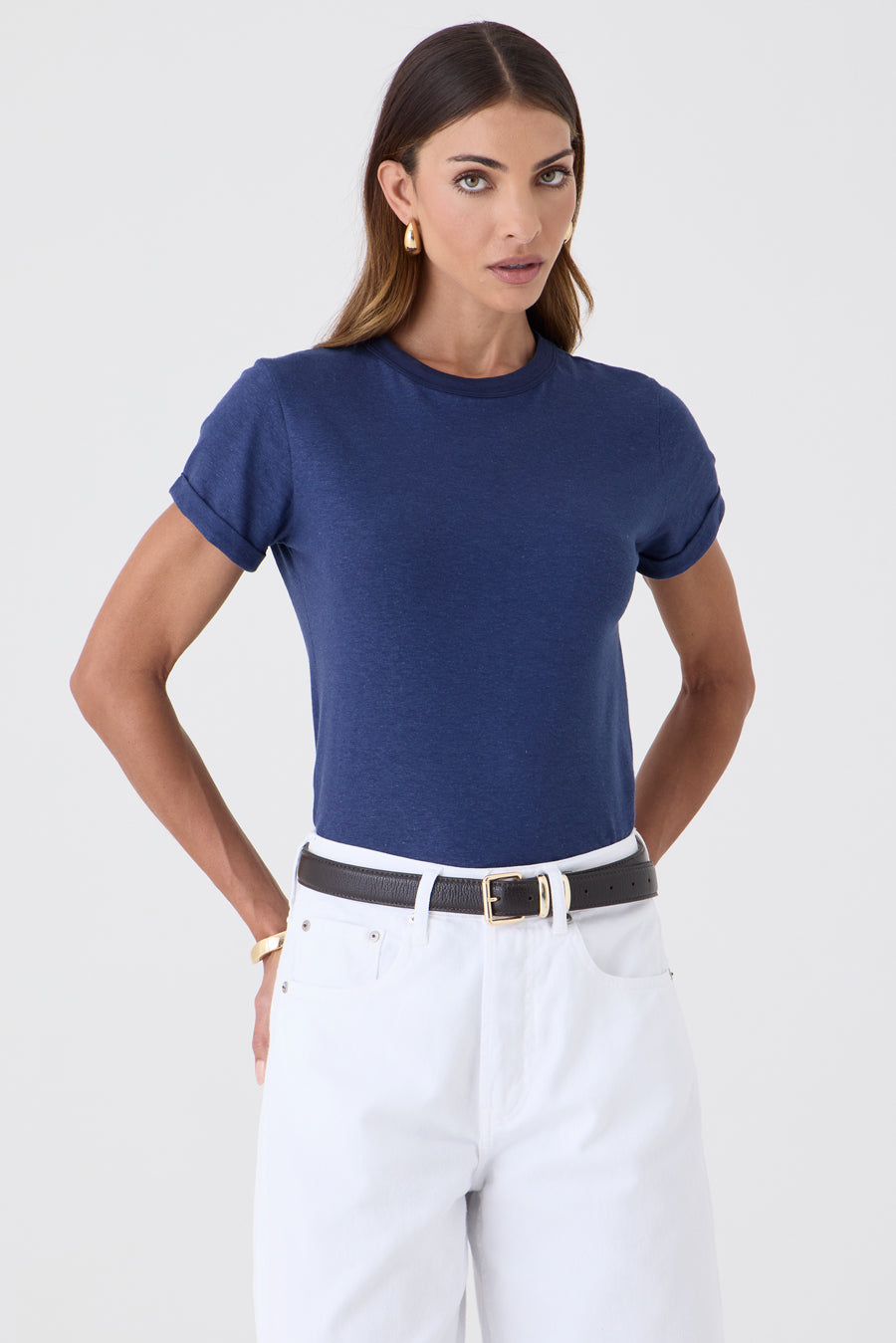 T-SHIRT FEMININA GOLA REDONDA MANGA BARRA DOBRADA - MARINHO