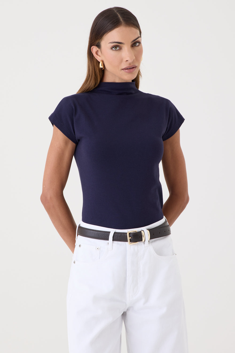 T-SHIRT FEMININA GOLA ALTA  - AZUL DARK