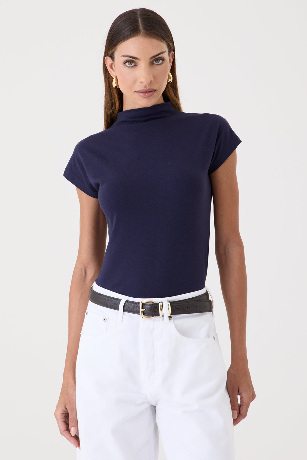 T-SHIRT FEMININA GOLA ALTA  - AZUL DARK