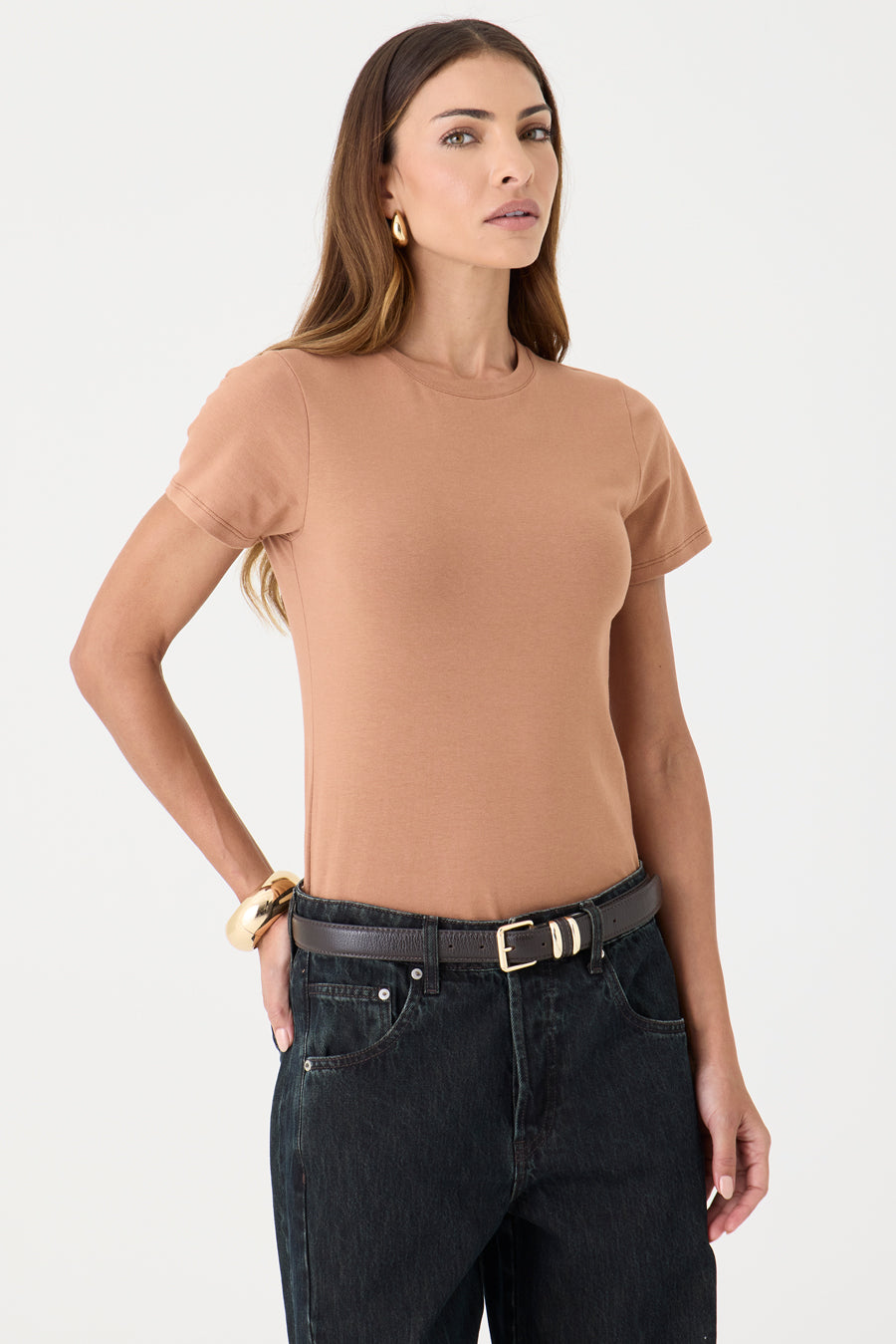 T-SHIRT FEMININA GOLA REDONDA BABY LOOK  - CARAMELO
