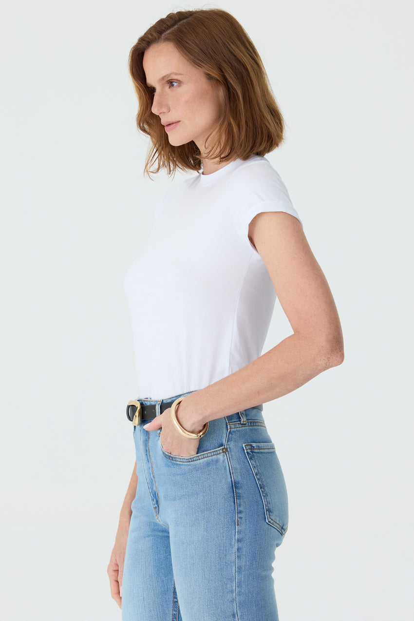 T-SHIRT GOLA REDONDA BARRA DOBRADA PIMA BRANCA