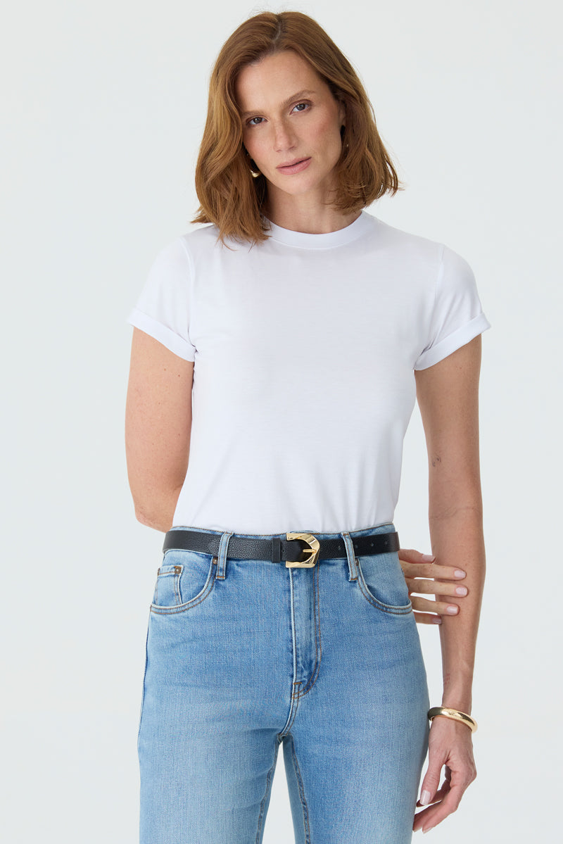 T-SHIRT GOLA REDONDA BARRA DOBRADA PIMA BRANCA