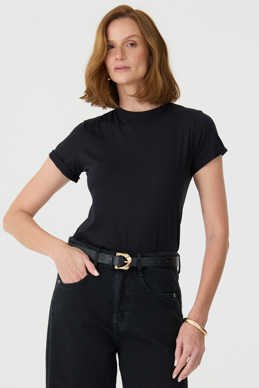 T-SHIRT GOLA REDONDA BARRA DOBRADA PIMA PRETA