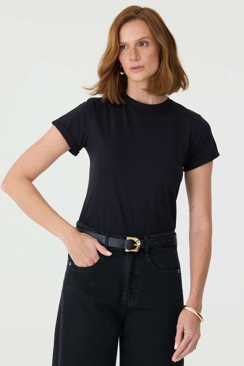 T-SHIRT GOLA REDONDA BARRA DOBRADA PIMA PRETA