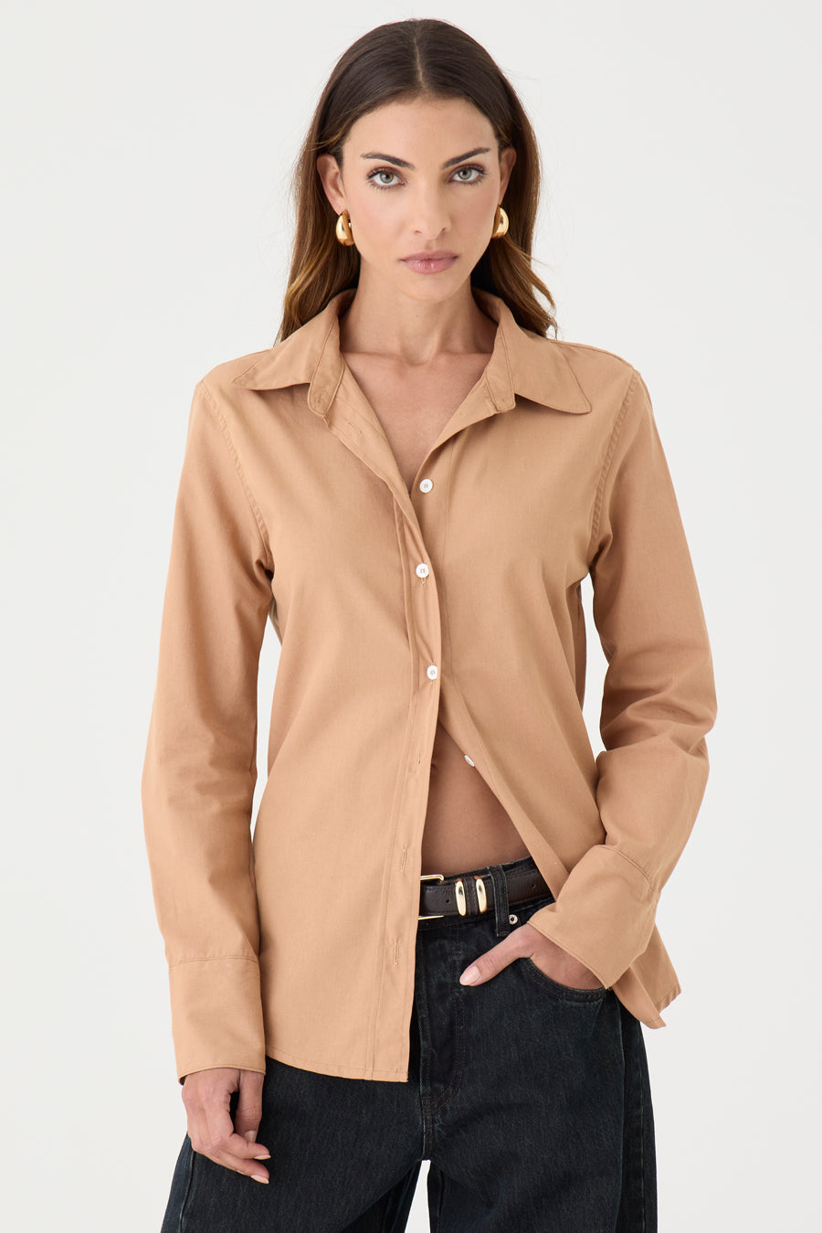 CAMISA FEMININA TRICOLINE SLIM AREIA ESCURO