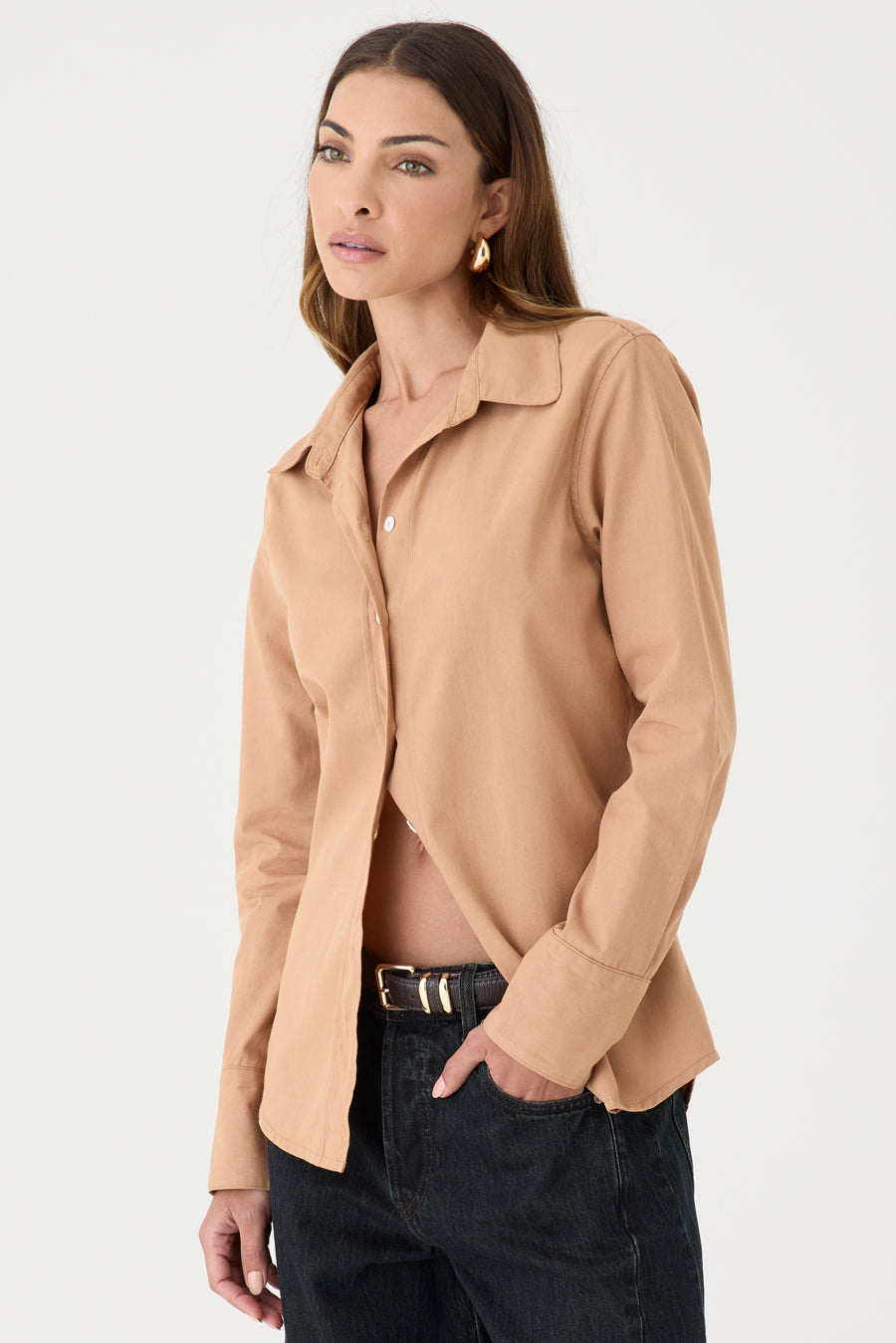 CAMISA FEMININA TRICOLINE SLIM AREIA ESCURO