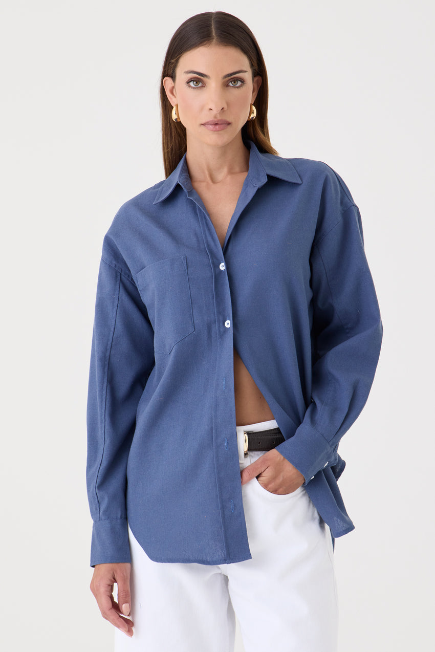 CAMISA FEMININA RELAXED LINOX AZUL SEA