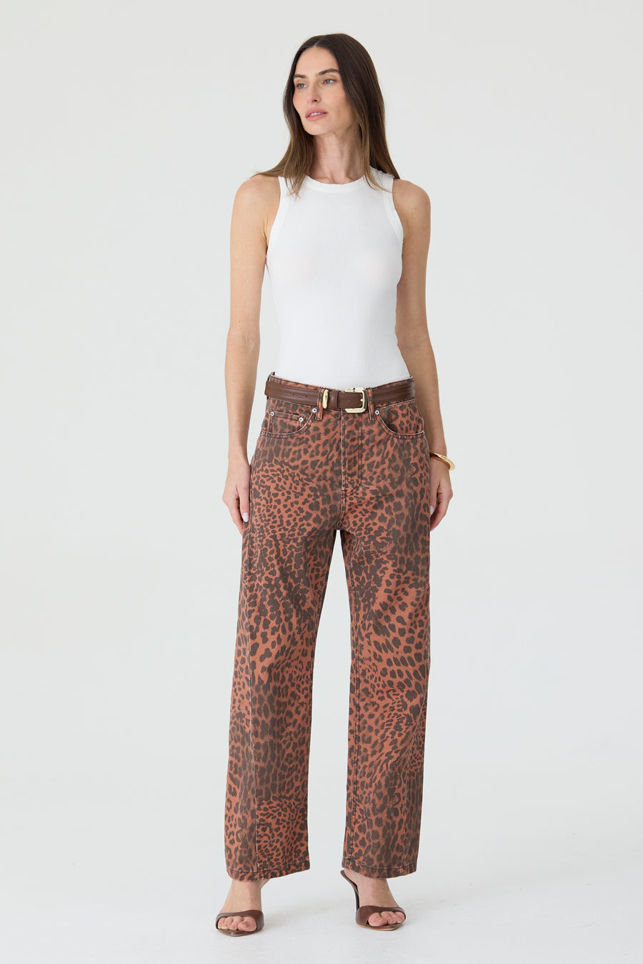 CALÇA MONICA FEMININA BARREL SLIM SARJA TRUE LEOPARD TERRACOTA