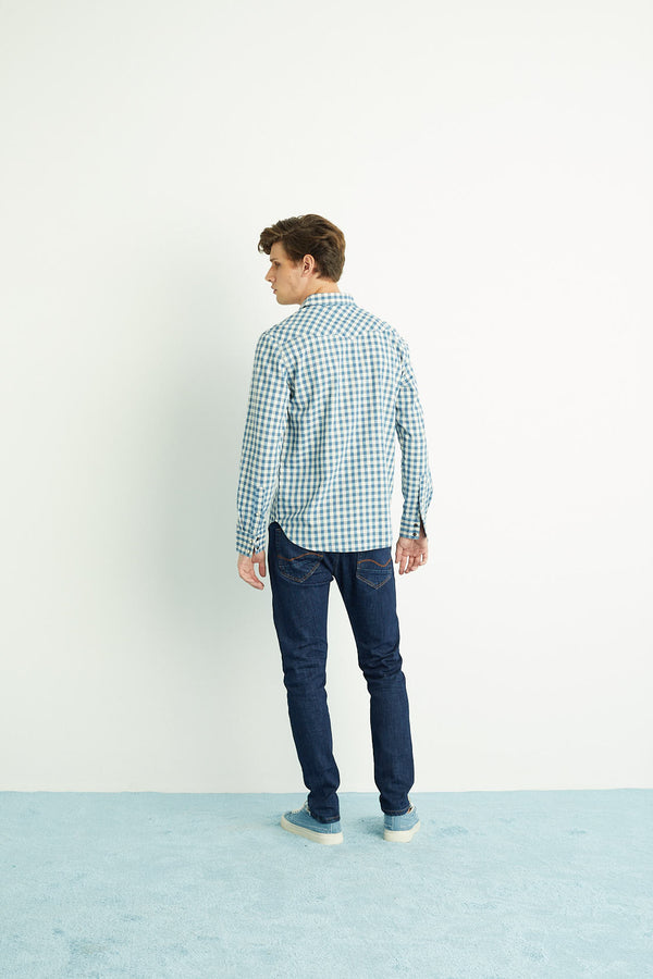 Camisa Masculina Xadrez Branco e Azul